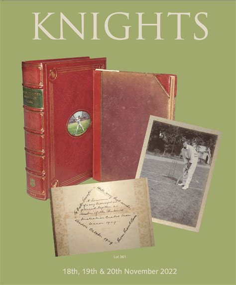 Knights auctioneers - Cricket, Football & Sporting Memorabilia 8th, 9th and 10th July 2022 Online live auction Auction starts at 10.30am each day Approximately 1500 lots Friday 8th: Cricket Memorabilia Saturday 9th: Wisden Cricketers' Almanacks and Cricket Books Sunday 10th: Football, Golf & Sporting Memorabilia This will be a live auction with webcam and sound broadcast with …